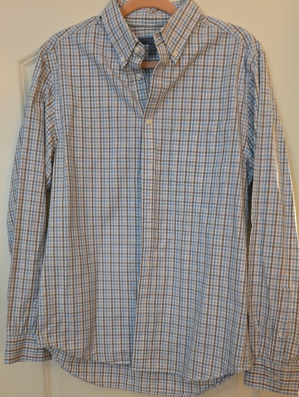 Old Navy Blue and Tan Plaid Button-Down Shirt